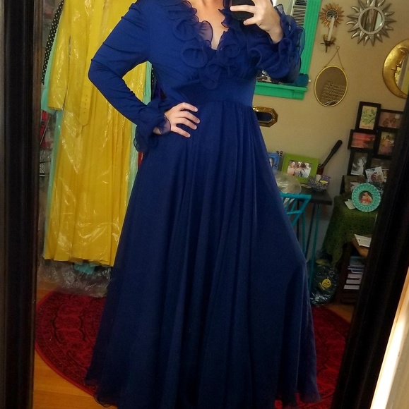 VTG Gorgeous Navy Blue Ruffle Chiffon Boho Dress - Picture 4 of 8